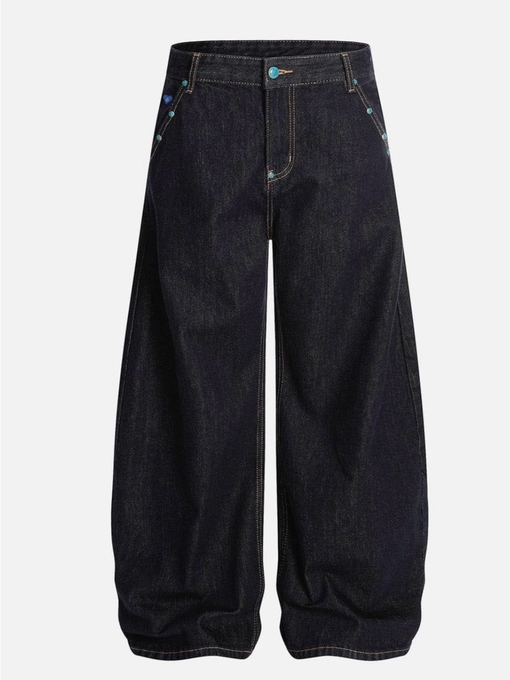 Aelfric Eden baggy barrel turquoise color rivet raw jeans